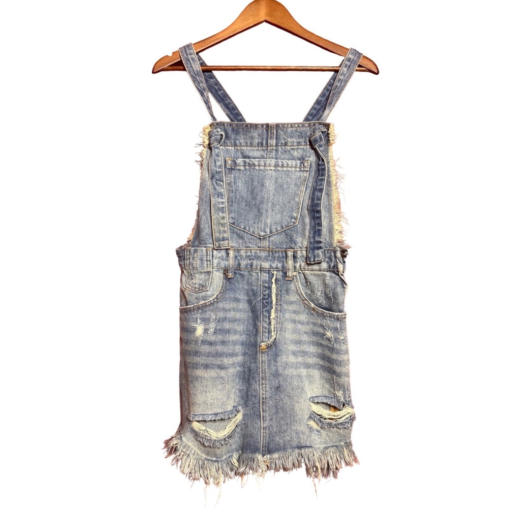 Insane Gene Women Small Distressed Denim Overall Dress Light Wash‎ Frayed Hem